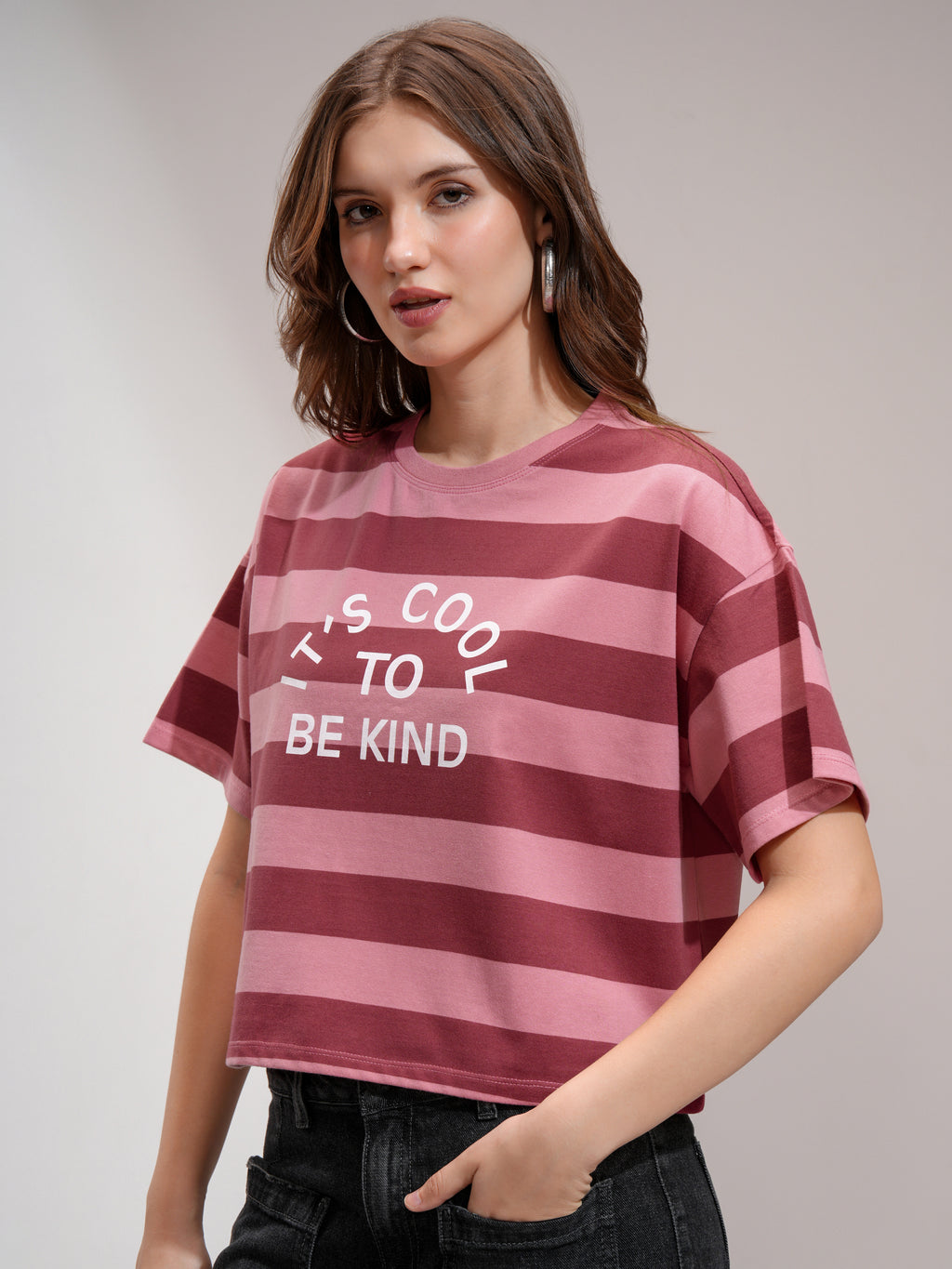 Tokyo Talkies Women Peach Striped Round Neck T-Shirt - Peach - Image 4