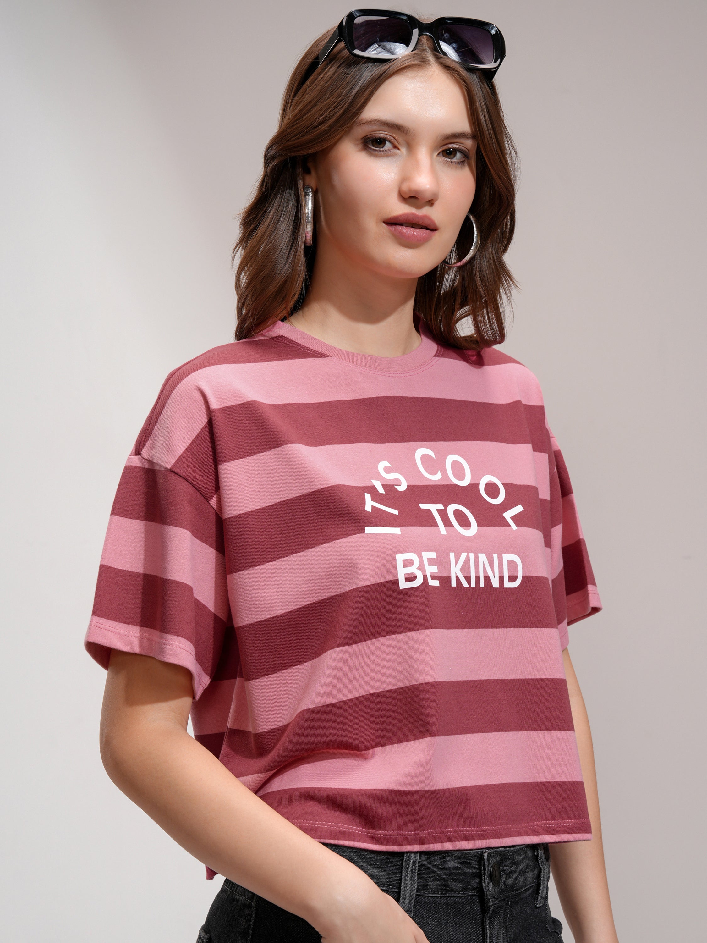 Tokyo Talkies Women Peach Striped Round Neck T-Shirt - Peach - Image 6