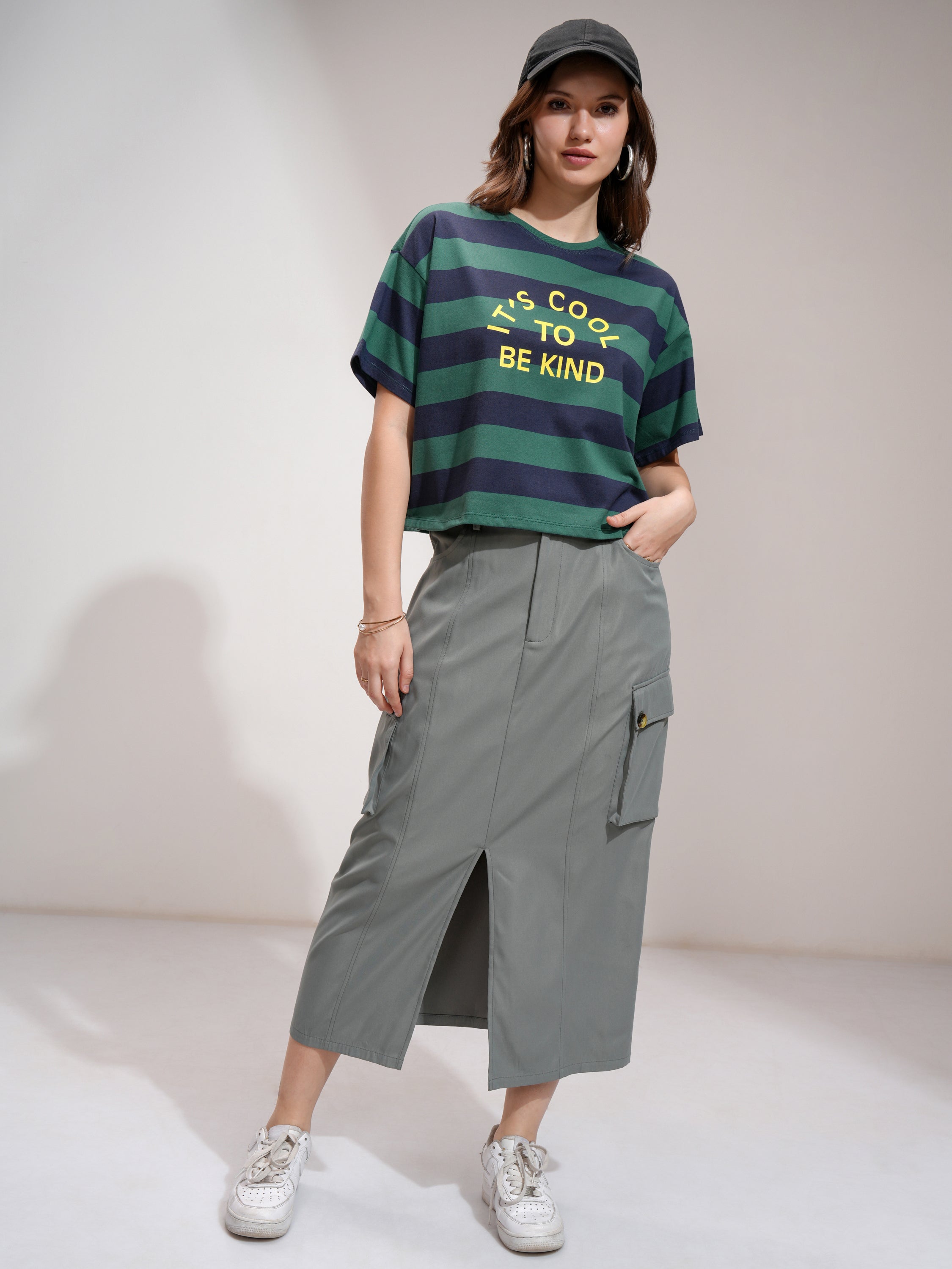 Tokyo Talkies Women Green Striped Round Neck T-Shirt - Green - Image 2