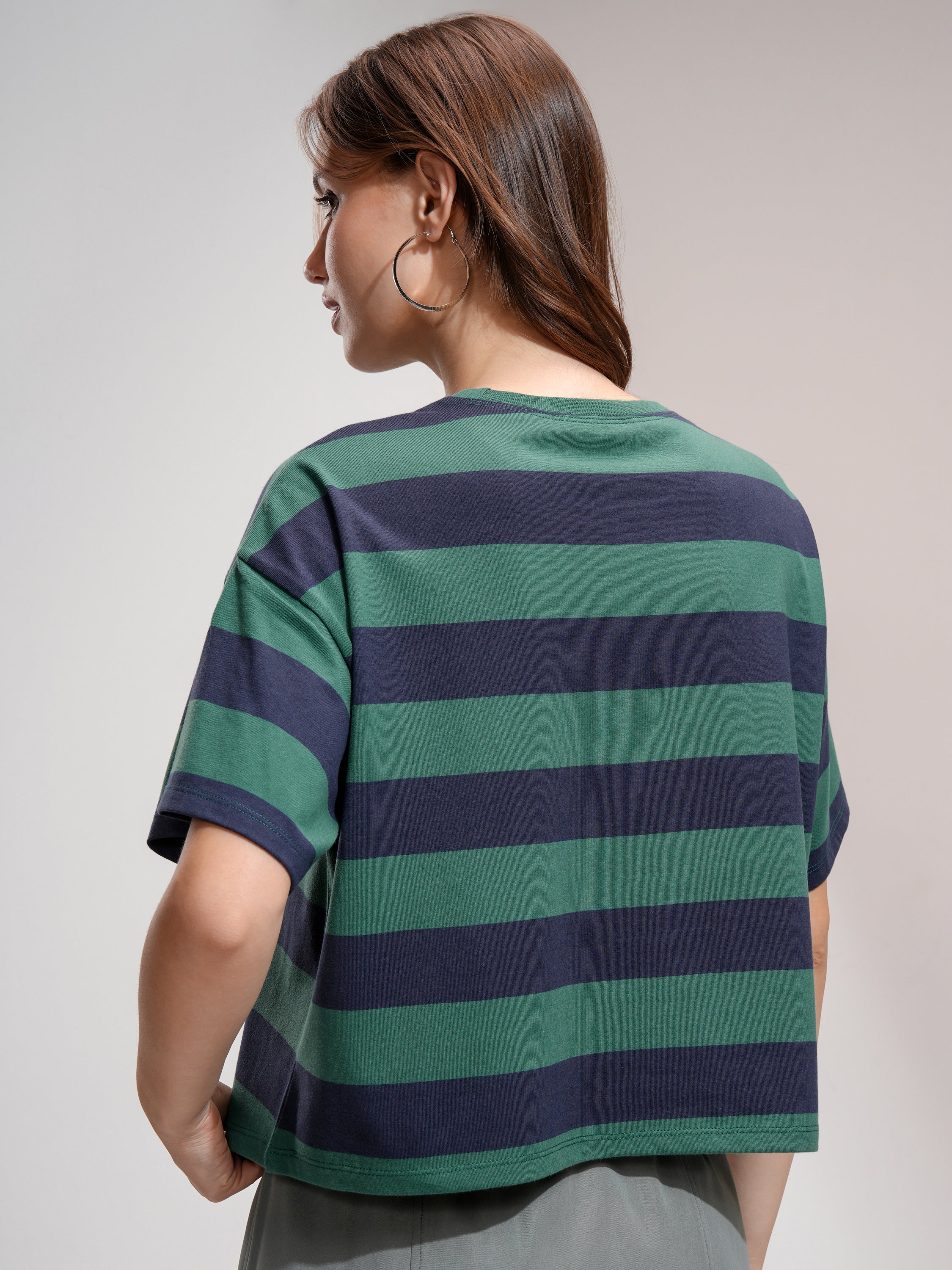 Tokyo Talkies Women Green Striped Round Neck T-Shirt - Green - Image 3