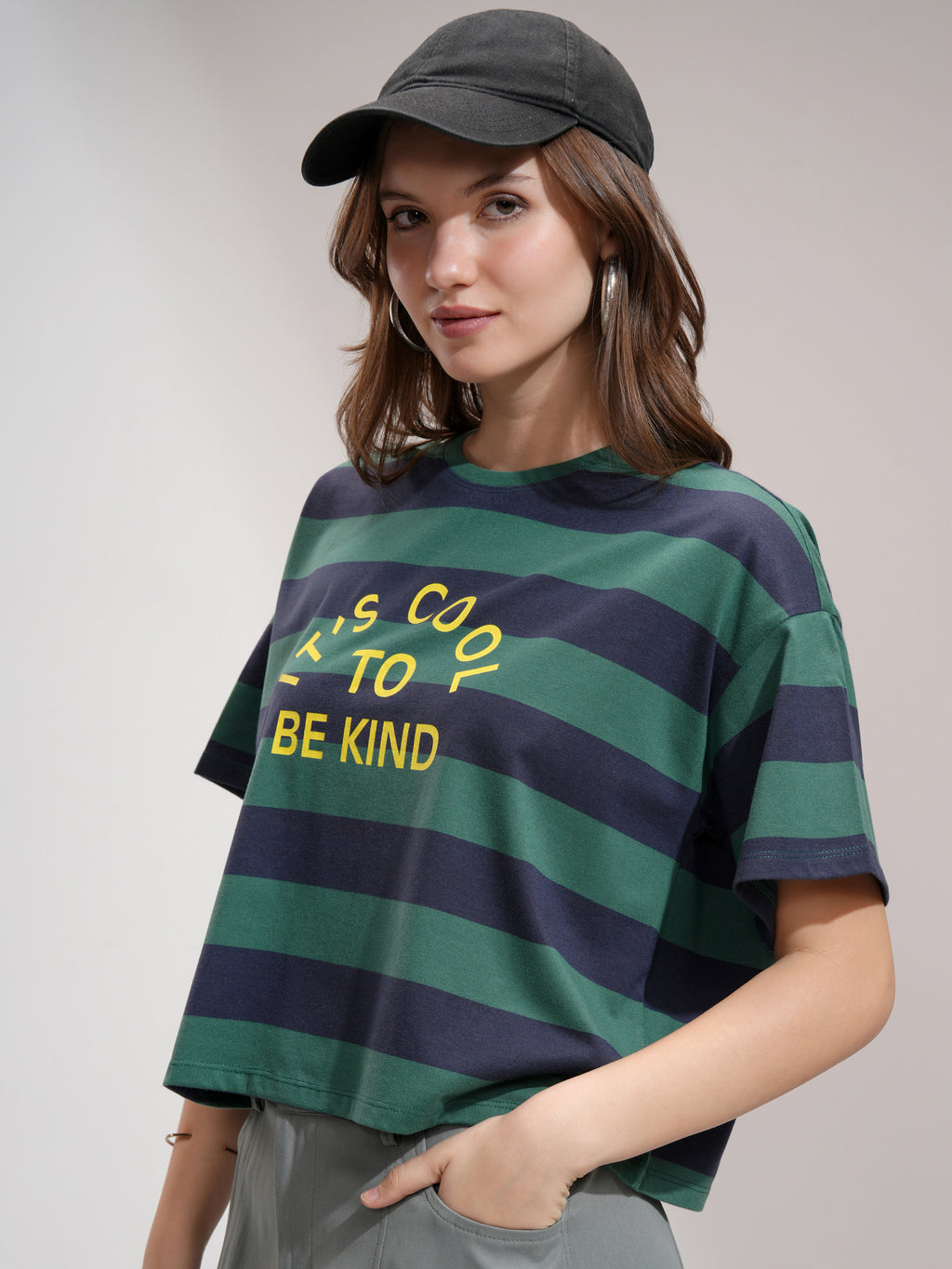 Tokyo Talkies Women Green Striped Round Neck T-Shirt - Green - Image 4