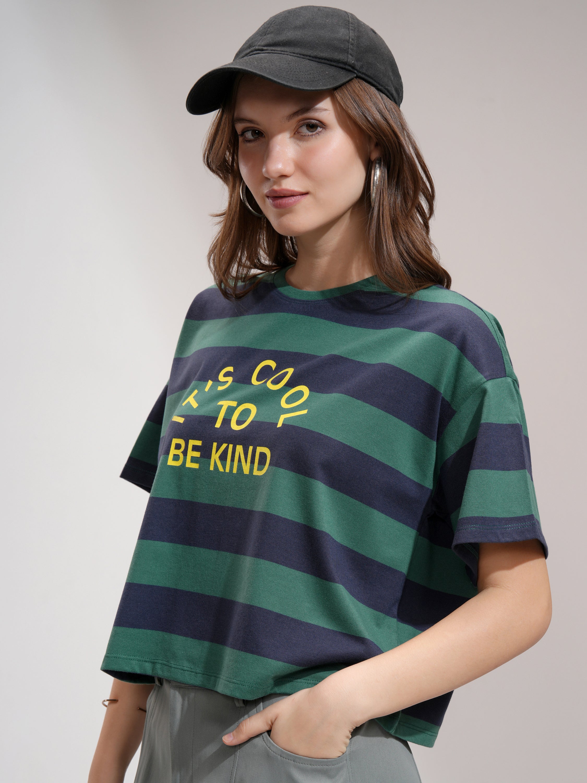 Tokyo Talkies Women Green Striped Round Neck T-Shirt - Green - Image 4