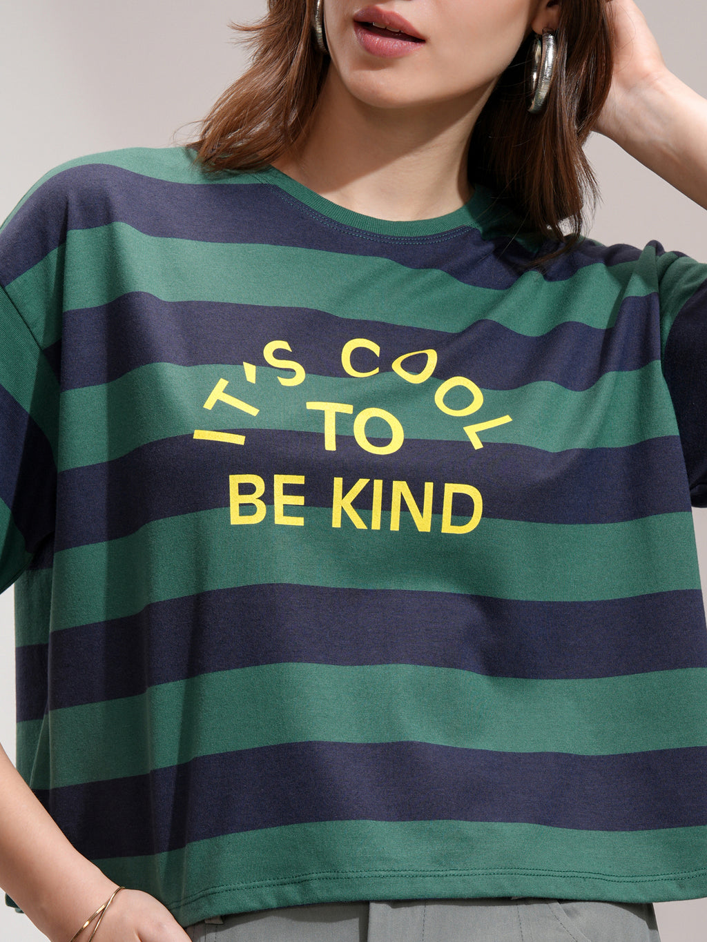 Tokyo Talkies Women Green Striped Round Neck T-Shirt - Green - Image 5