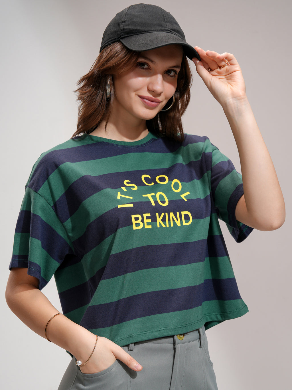 Tokyo Talkies Women Green Striped Round Neck T-Shirt - Green - Image 6