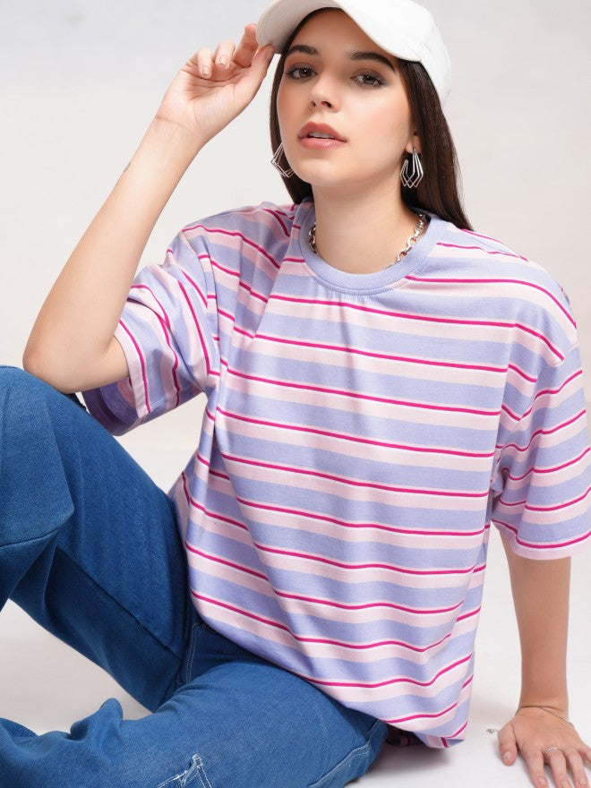 Tokyo Talkies Women Blue Striped Round Neck Oversized Fit T-Shirt - Blue - Image 1