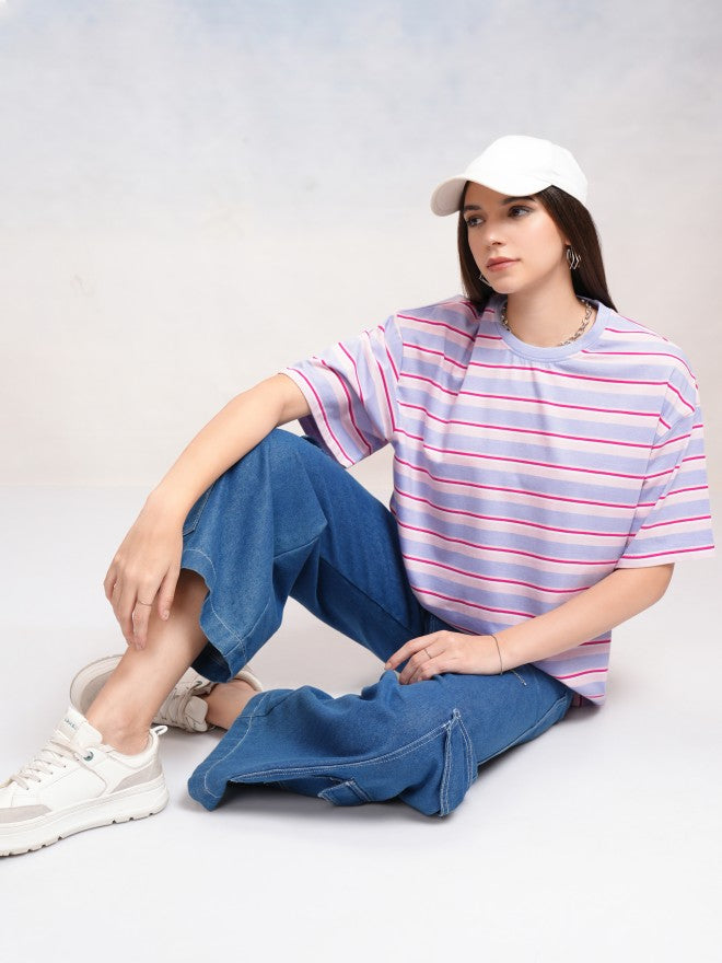 Tokyo Talkies Women Blue Striped Round Neck Oversized Fit T-Shirt - Blue - Image 2
