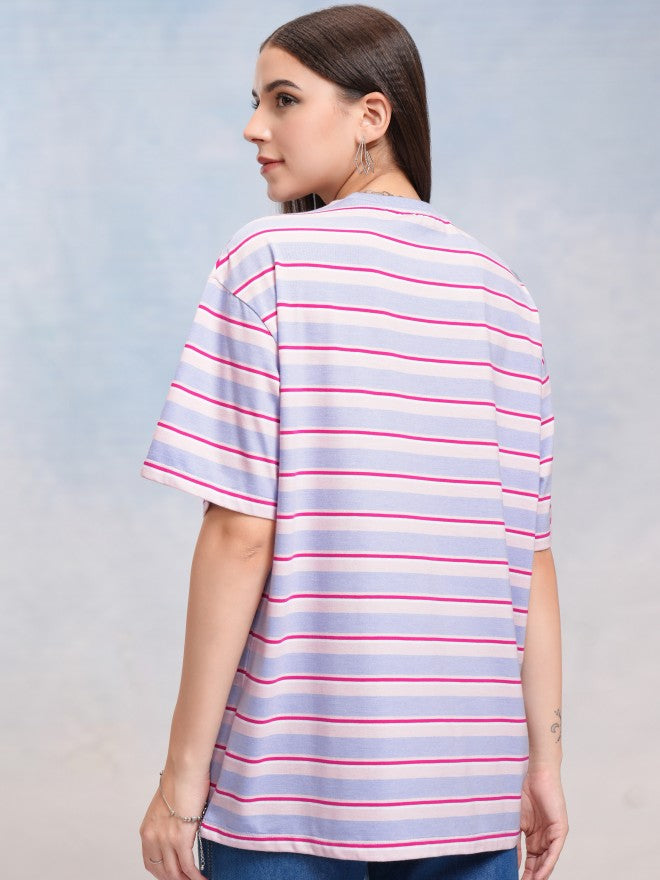 Tokyo Talkies Women Blue Striped Round Neck Oversized Fit T-Shirt - Blue - Image 3
