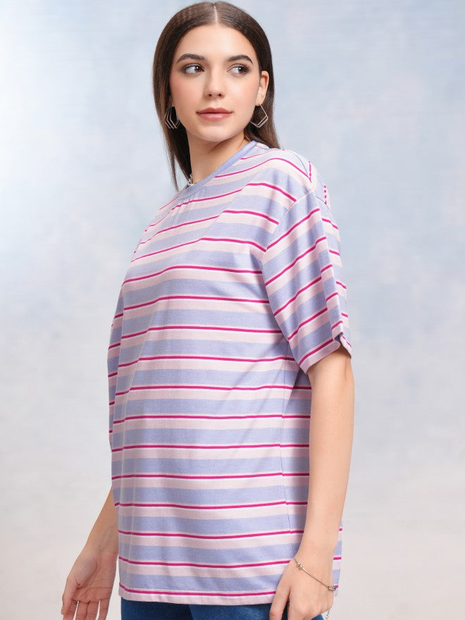Tokyo Talkies Women Blue Striped Round Neck Oversized Fit T-Shirt - Blue - Image 4