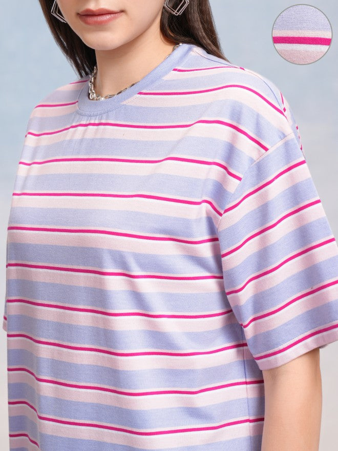 Tokyo Talkies Women Blue Striped Round Neck Oversized Fit T-Shirt - Blue - Image 5