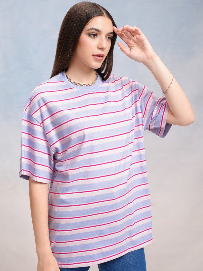 Tokyo Talkies Women Blue Striped Round Neck Oversized Fit T-Shirt - Blue - Image 6