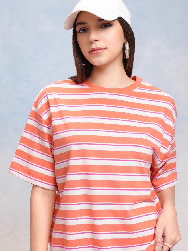 Tokyo Talkies Women Coral Striped Round Neck Oversized Fit T-Shirt - Coral - Image 1
