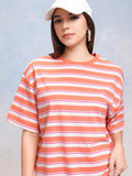 Tokyo Talkies Women Coral Striped Round Neck Oversized Fit T-Shirt - Coral - Image 1
