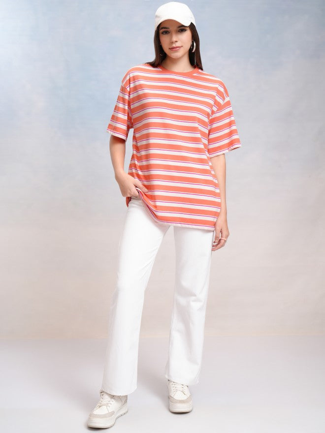 Tokyo Talkies Women Coral Striped Round Neck Oversized Fit T-Shirt - Coral - Image 2
