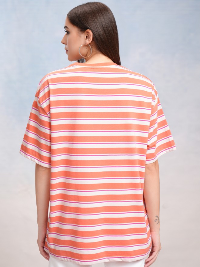 Tokyo Talkies Women Coral Striped Round Neck Oversized Fit T-Shirt - Coral - Image 3