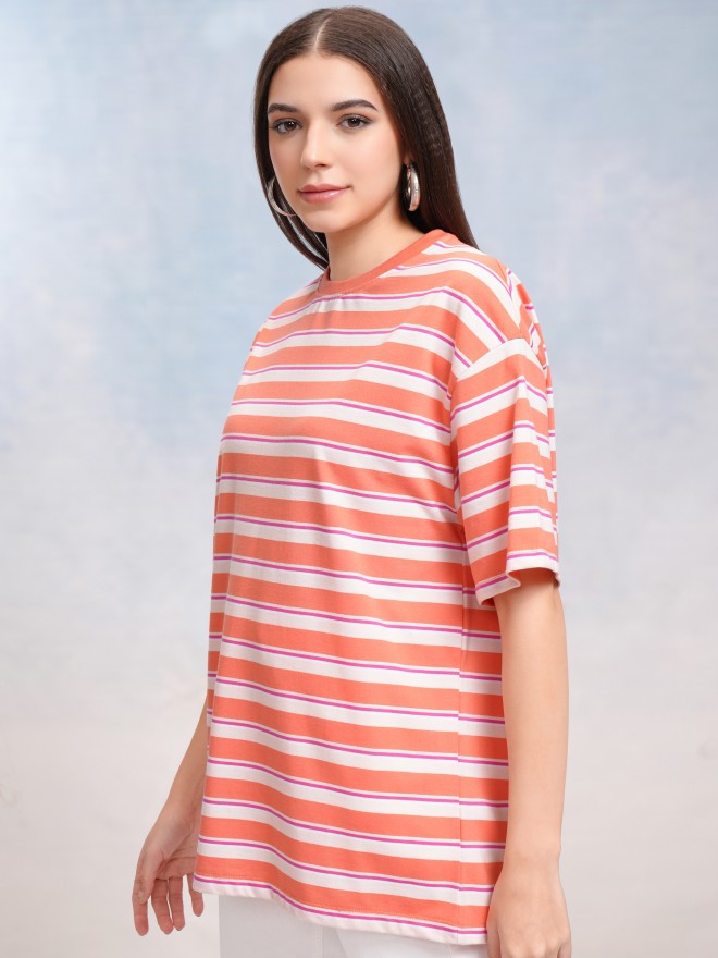 Tokyo Talkies Women Coral Striped Round Neck Oversized Fit T-Shirt - Coral - Image 4