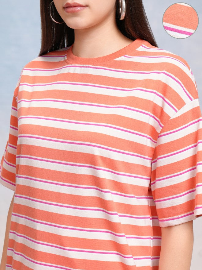 Tokyo Talkies Women Coral Striped Round Neck Oversized Fit T-Shirt - Coral - Image 5