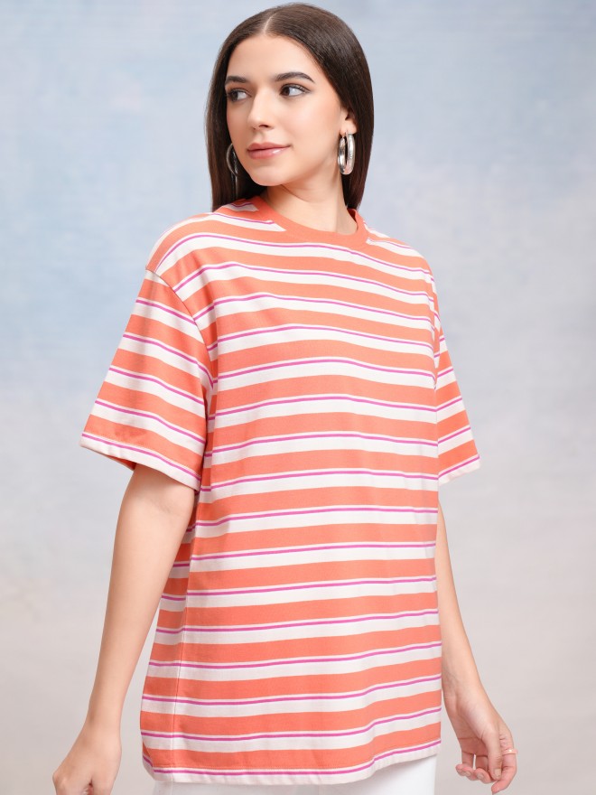 Tokyo Talkies Women Coral Striped Round Neck Oversized Fit T-Shirt - Coral - Image 6