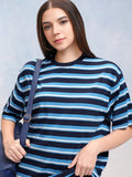 Tokyo Talkies Women Navy Blue Striped Round Neck Oversized Fit T-Shirt - Navy Blue - Image 1
