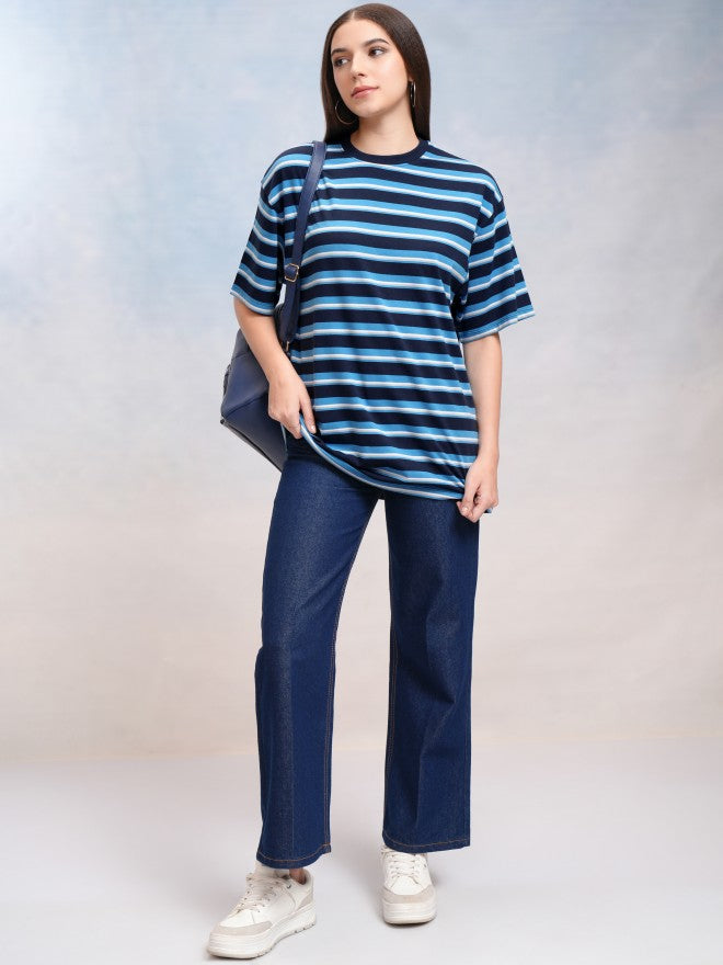 Tokyo Talkies Women Navy Blue Striped Round Neck Oversized Fit T-Shirt - Navy Blue - Image 2