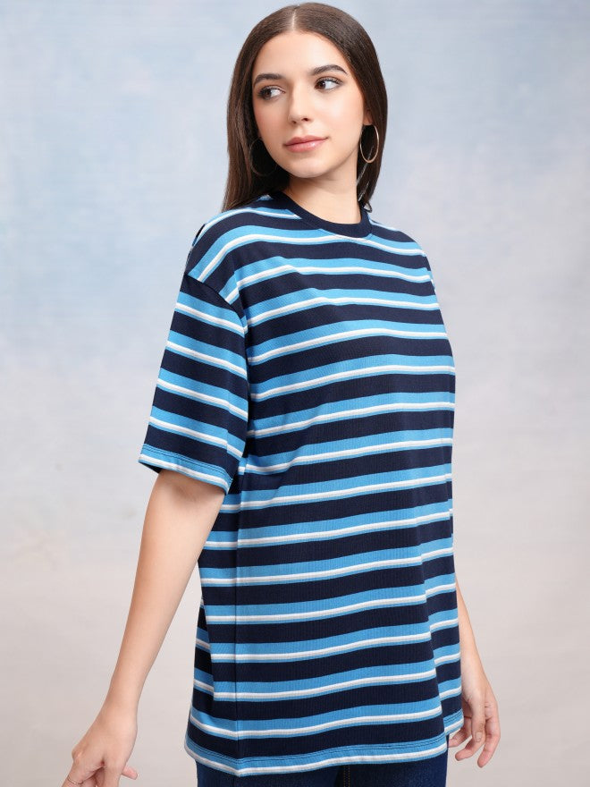 Tokyo Talkies Women Navy Blue Striped Round Neck Oversized Fit T-Shirt - Navy Blue - Image 6