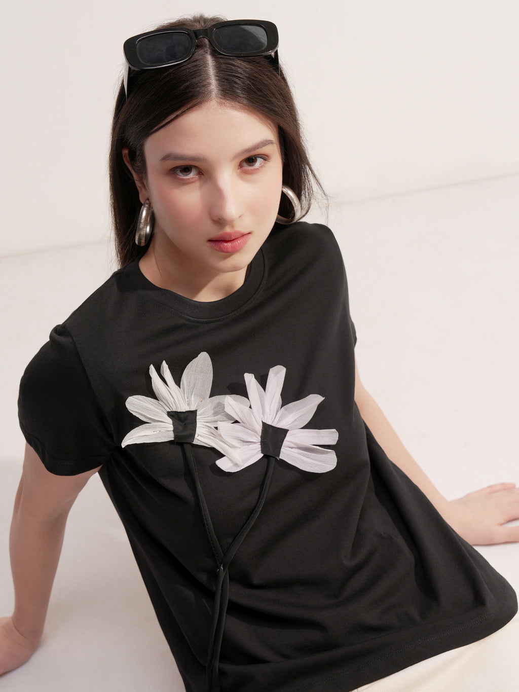 Tokyo Talkies Women Black Applique Round Neck T-Shirt - Black - Image 1