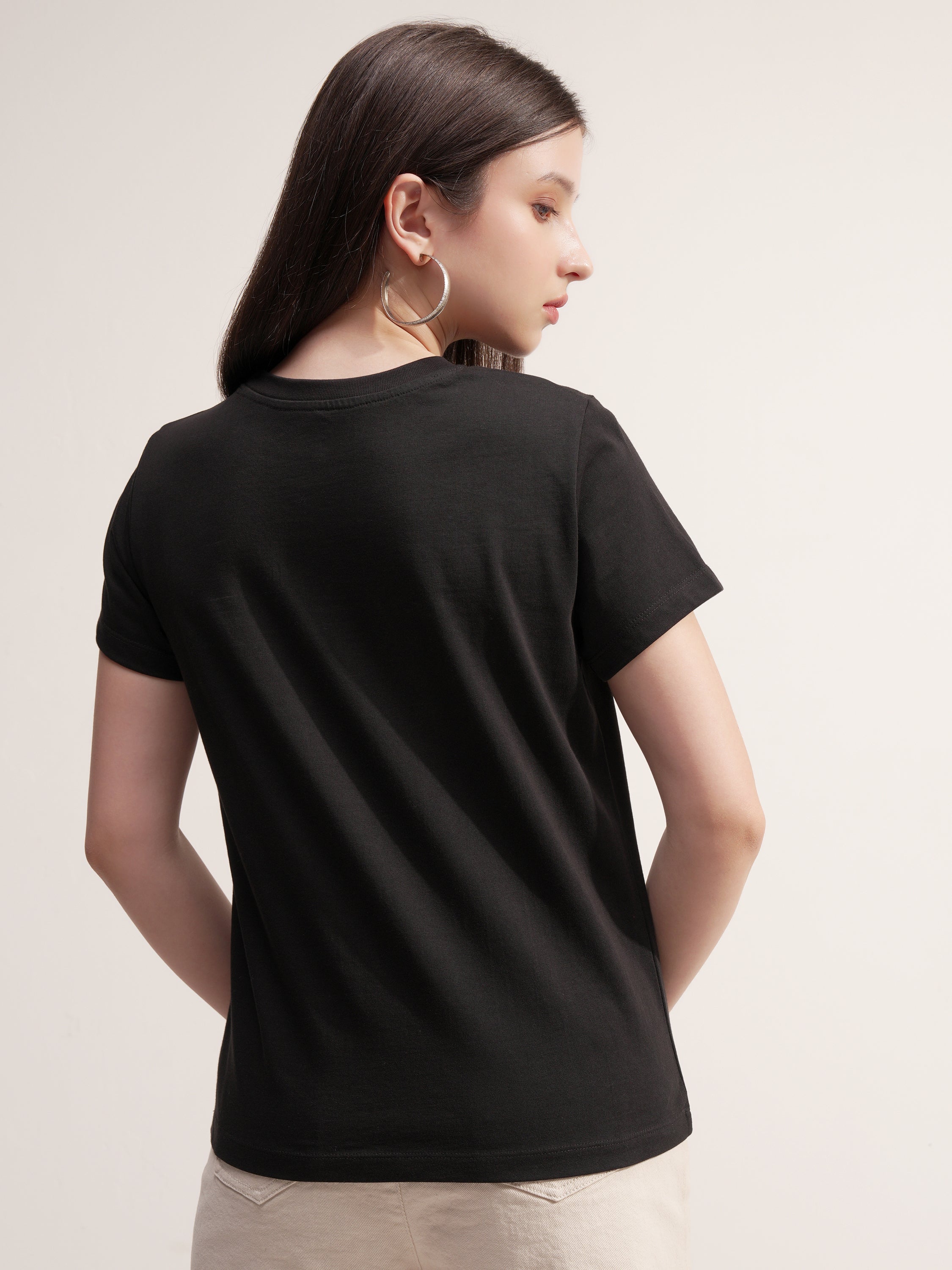 Tokyo Talkies Women Black Applique Round Neck T-Shirt - Black - Image 3