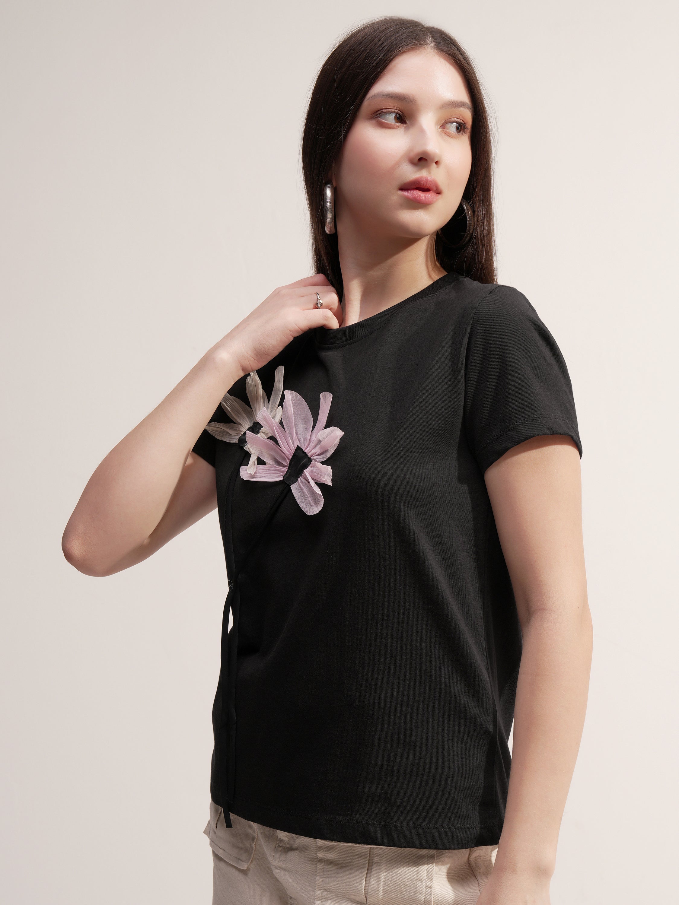Tokyo Talkies Women Black Applique Round Neck T-Shirt - Black - Image 4