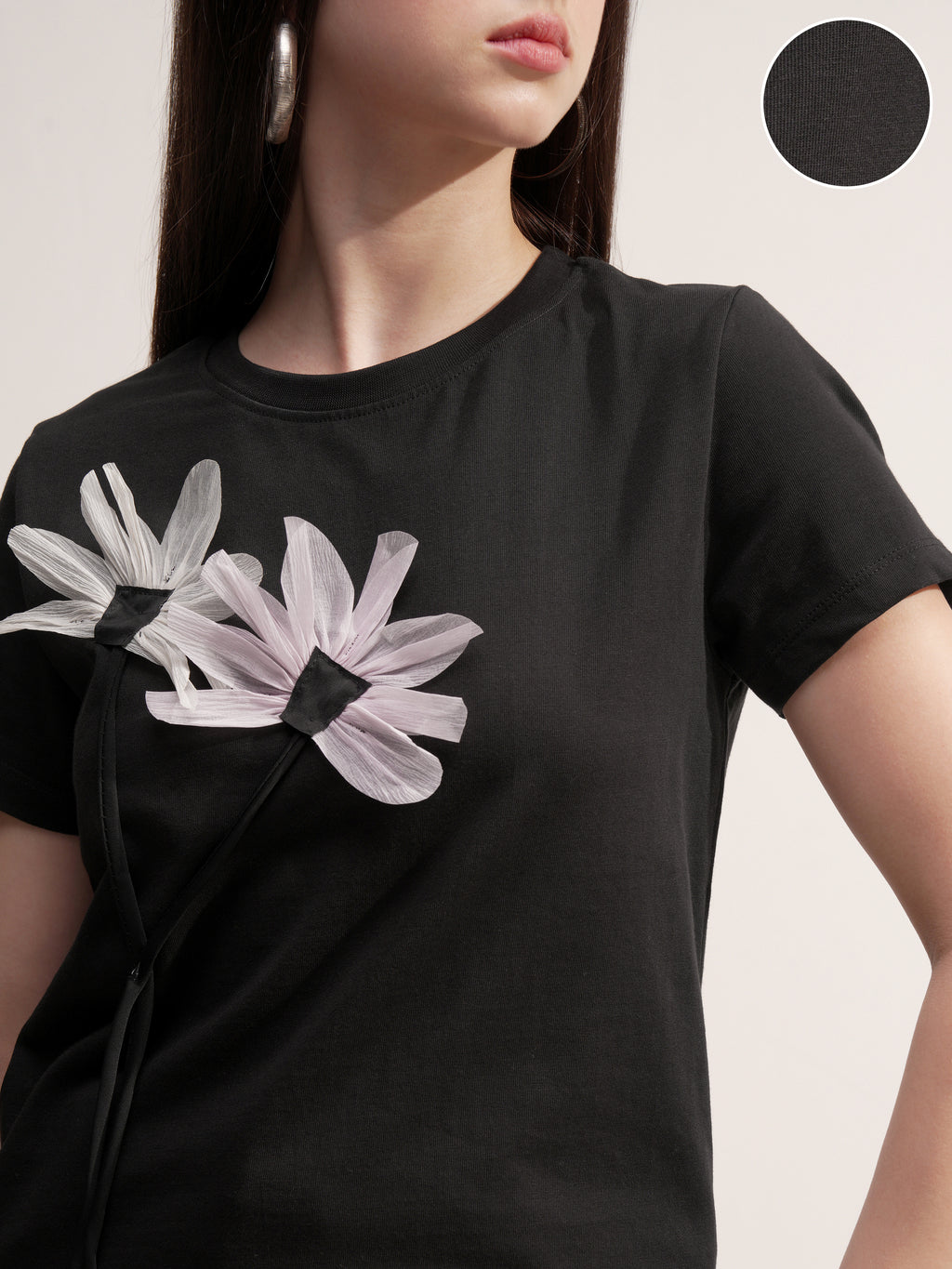 Tokyo Talkies Women Black Applique Round Neck T-Shirt - Black - Image 5