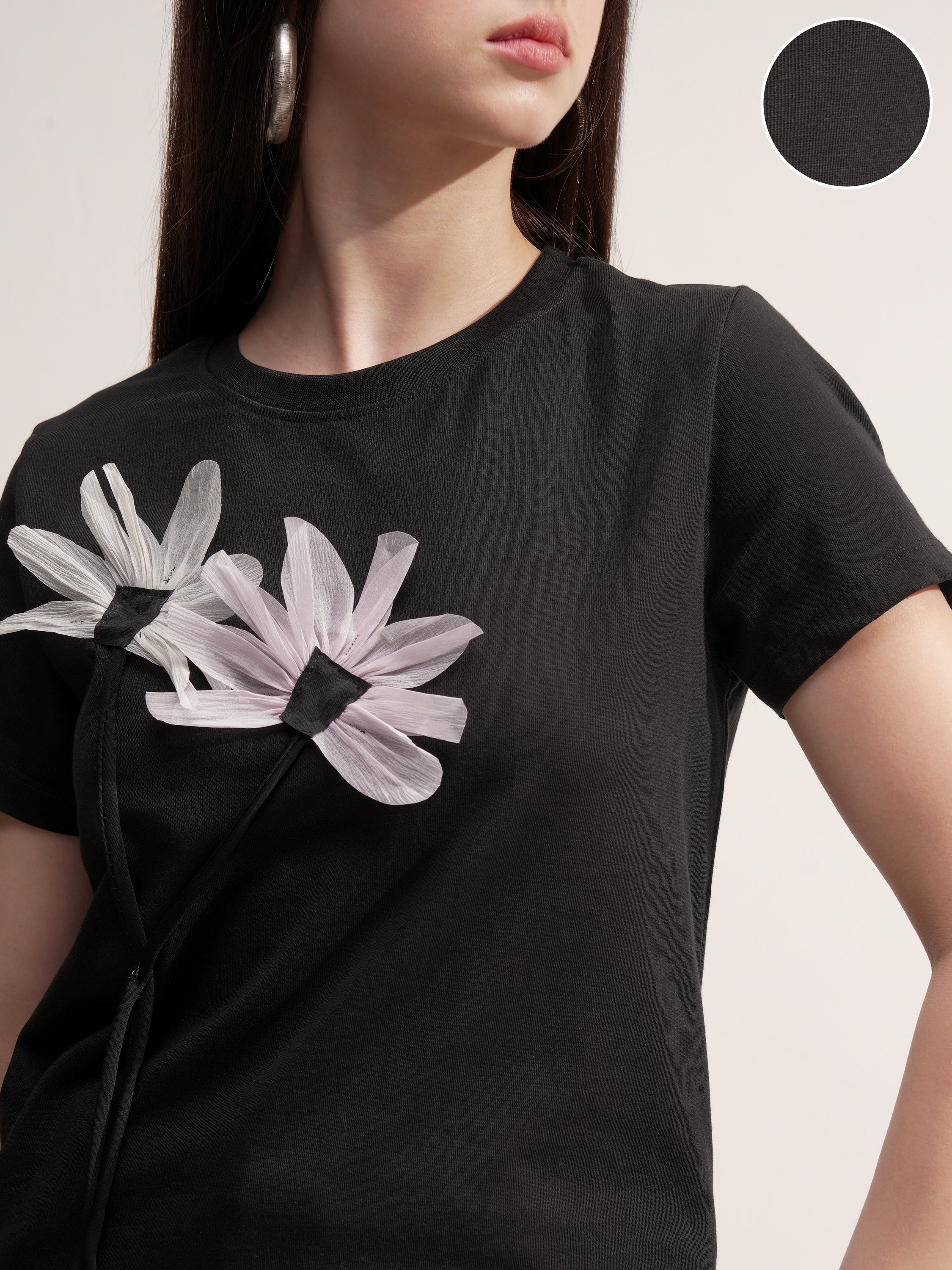 Tokyo Talkies Women Black Applique Round Neck T-Shirt - Black - Image 5