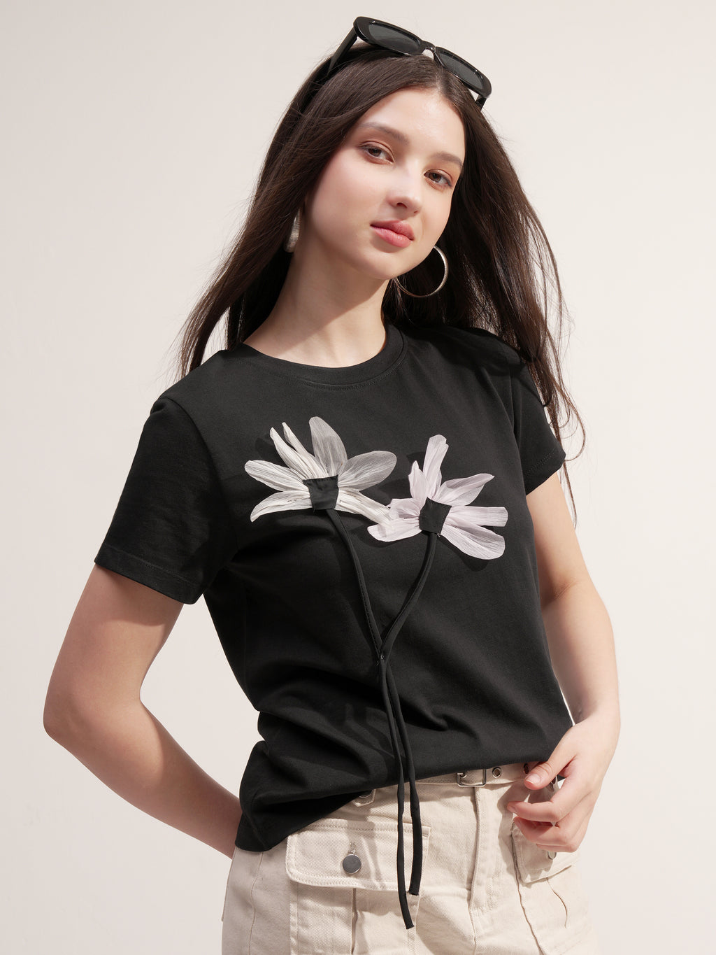 Tokyo Talkies Women Black Applique Round Neck T-Shirt - Black - Image 6