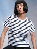Tokyo Talkies Women White Striped Round Neck T-Shirt - White - Image 1