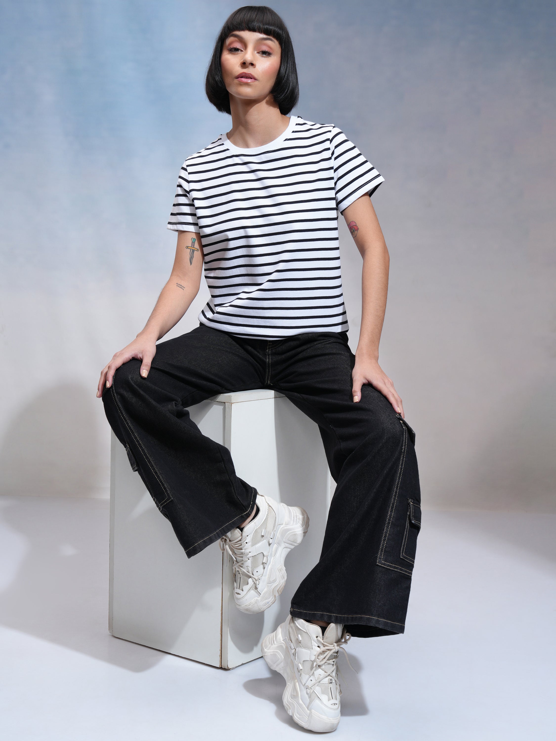 Tokyo Talkies Women White Striped Round Neck T-Shirt - White - Image 2