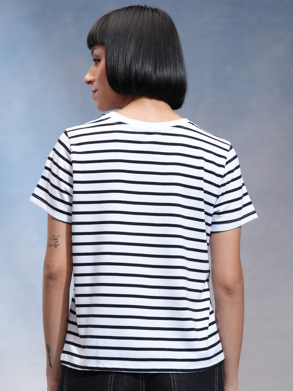 Tokyo Talkies Women White Striped Round Neck T-Shirt - White - Image 3