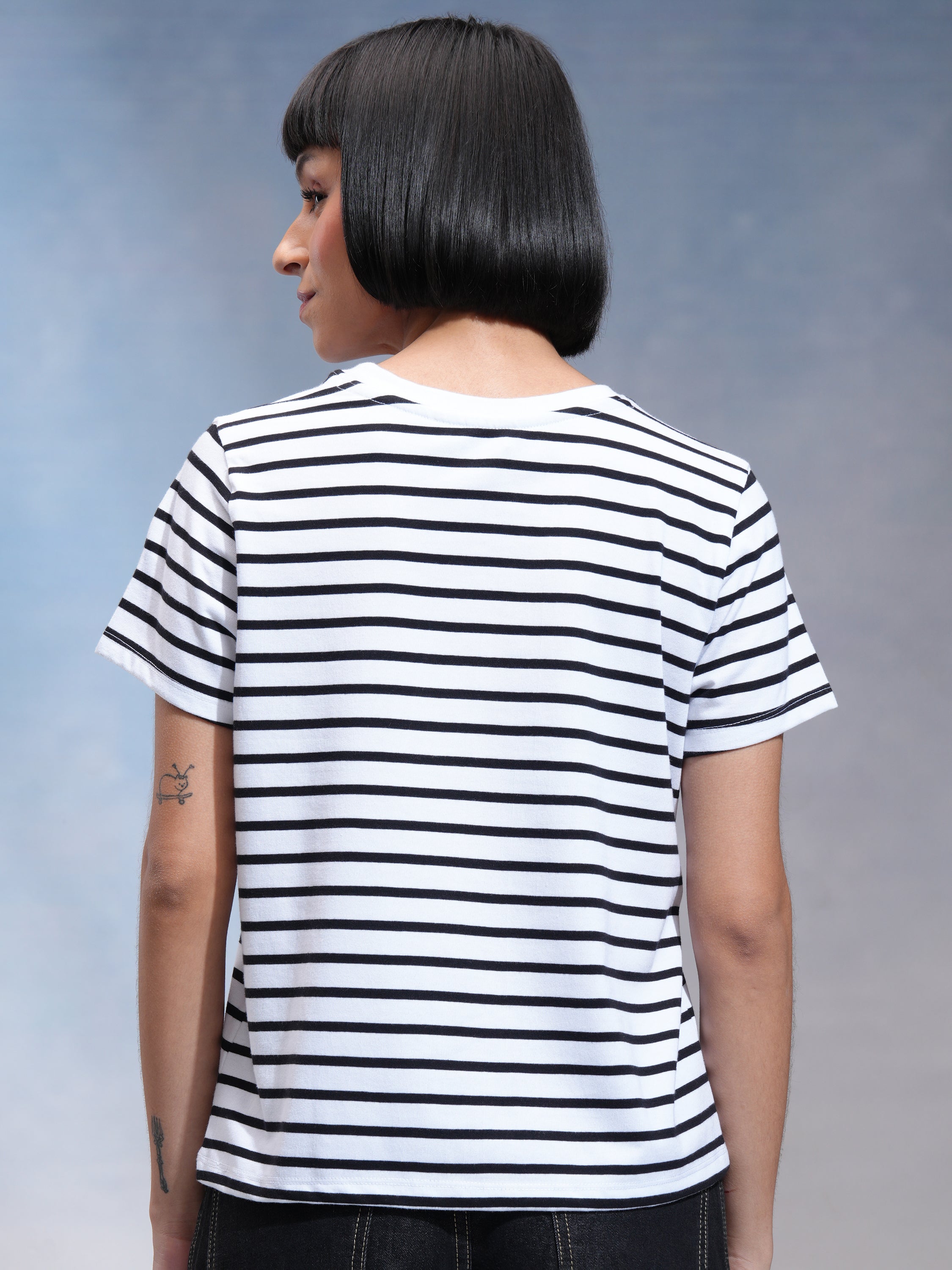 Tokyo Talkies Women White Striped Round Neck T-Shirt - White - Image 3