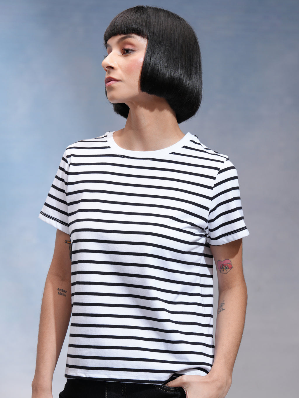 Tokyo Talkies Women White Striped Round Neck T-Shirt - White - Image 4