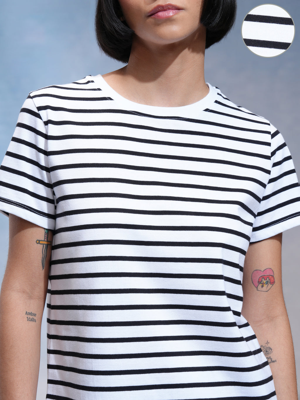 Tokyo Talkies Women White Striped Round Neck T-Shirt - White - Image 5