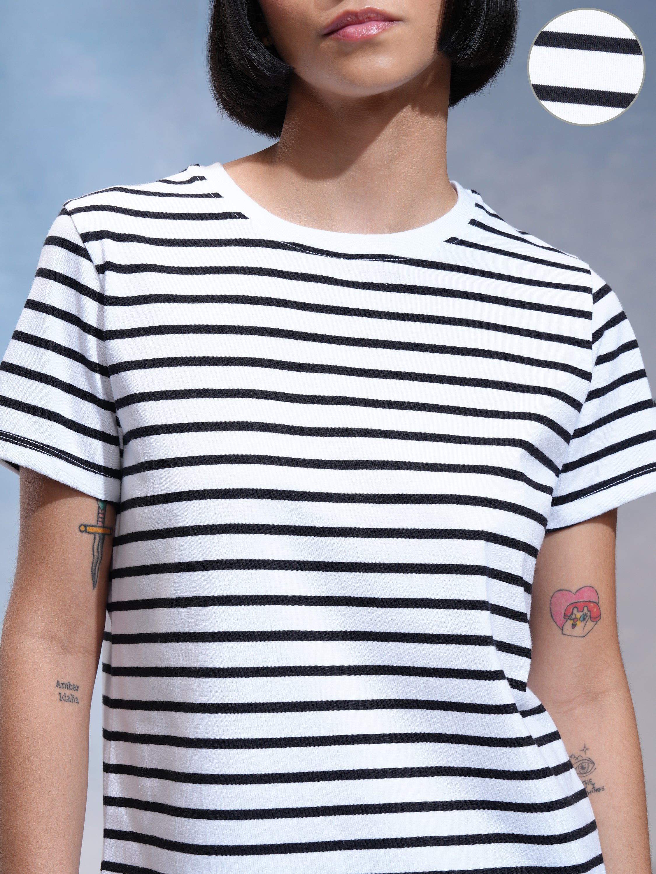 Tokyo Talkies Women White Striped Round Neck T-Shirt - White - Image 5