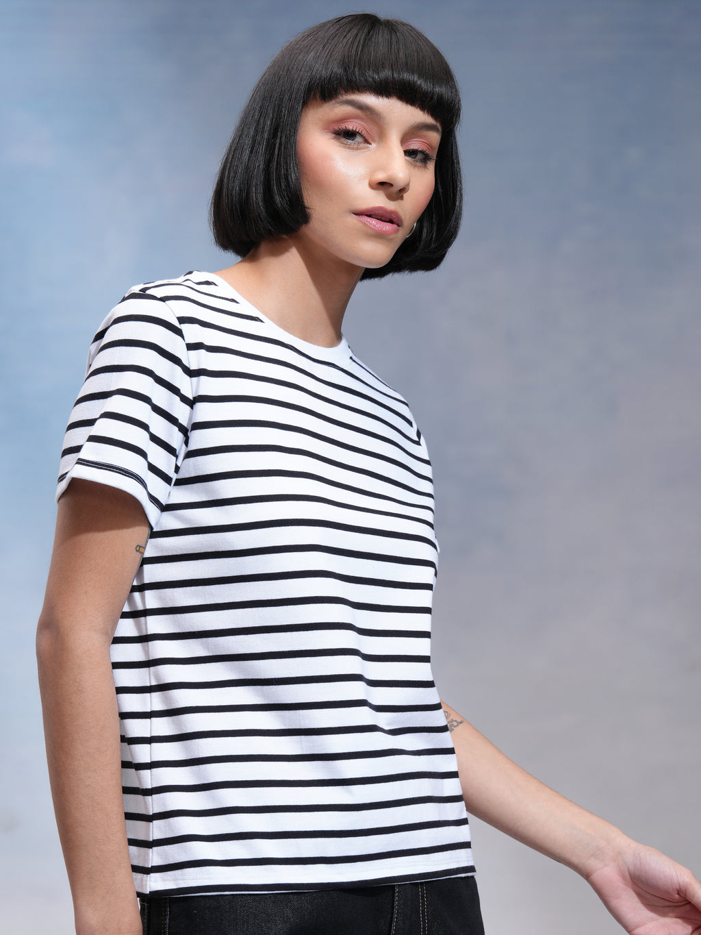Tokyo Talkies Women White Striped Round Neck T-Shirt - White - Image 6