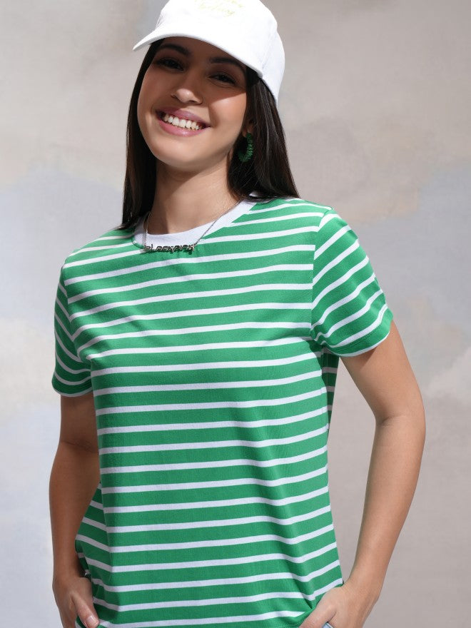 Tokyo Talkies Women Green Striped Round Neck T-Shirt - Green - Image 1