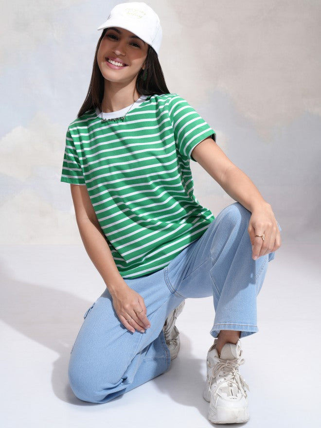 Tokyo Talkies Women Green Striped Round Neck T-Shirt - Green - Image 2