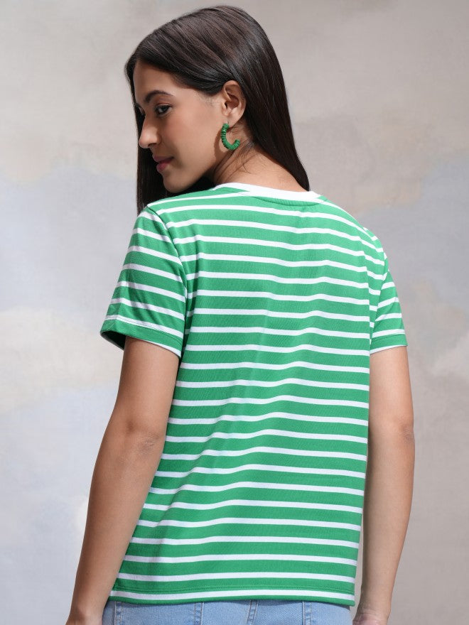 Tokyo Talkies Women Green Striped Round Neck T-Shirt - Green - Image 3