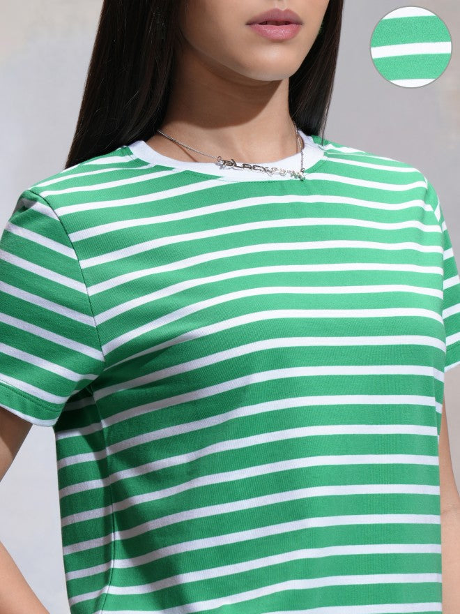 Tokyo Talkies Women Green Striped Round Neck T-Shirt - Green - Image 5