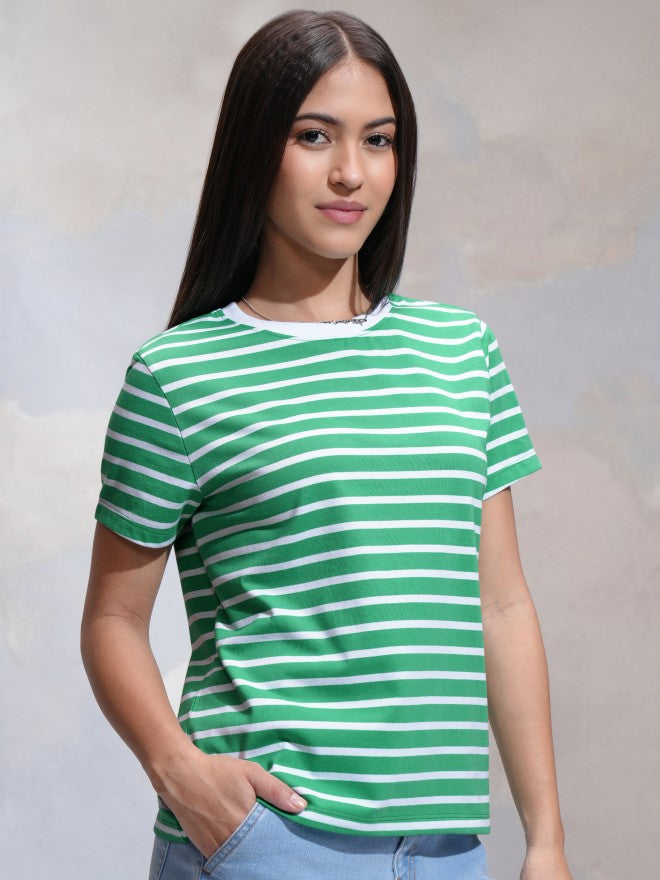Tokyo Talkies Women Green Striped Round Neck T-Shirt - Green - Image 6