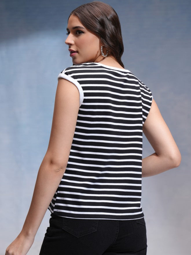 Tokyo Talkies Women Black Striped Round Neck T-Shirt - Black - Image 3