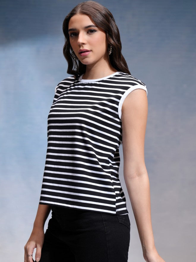 Tokyo Talkies Women Black Striped Round Neck T-Shirt - Black - Image 4