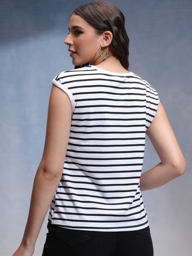Tokyo Talkies Women White Striped Round Neck T-Shirt - White - Image 3