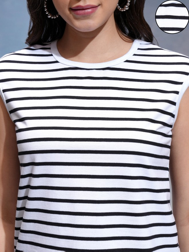 Tokyo Talkies Women White Striped Round Neck T-Shirt - White - Image 5