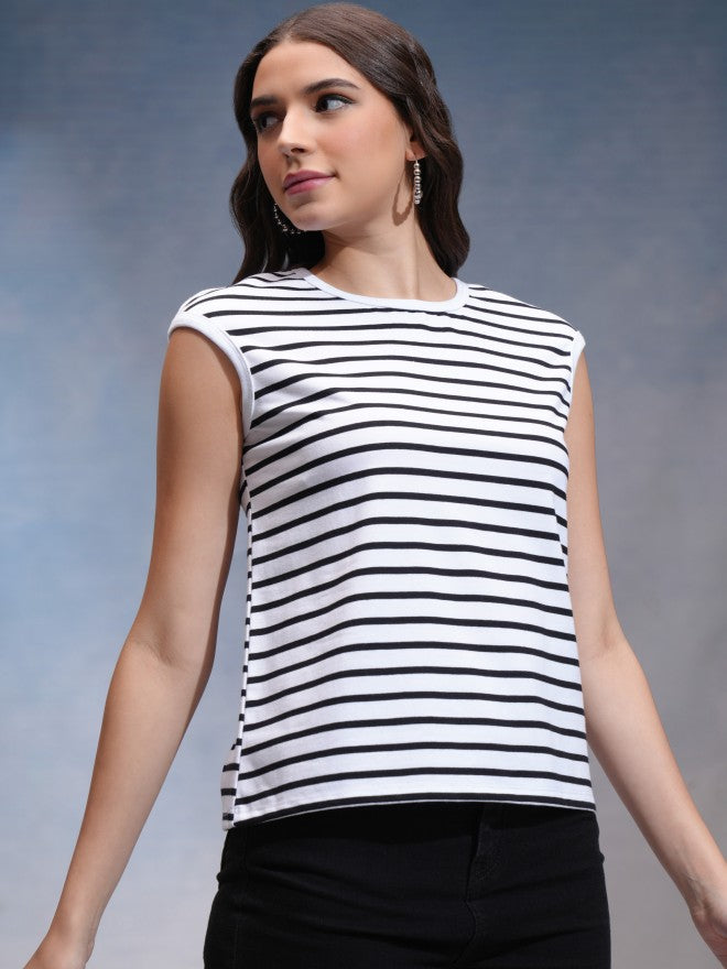 Tokyo Talkies Women White Striped Round Neck T-Shirt - White - Image 6