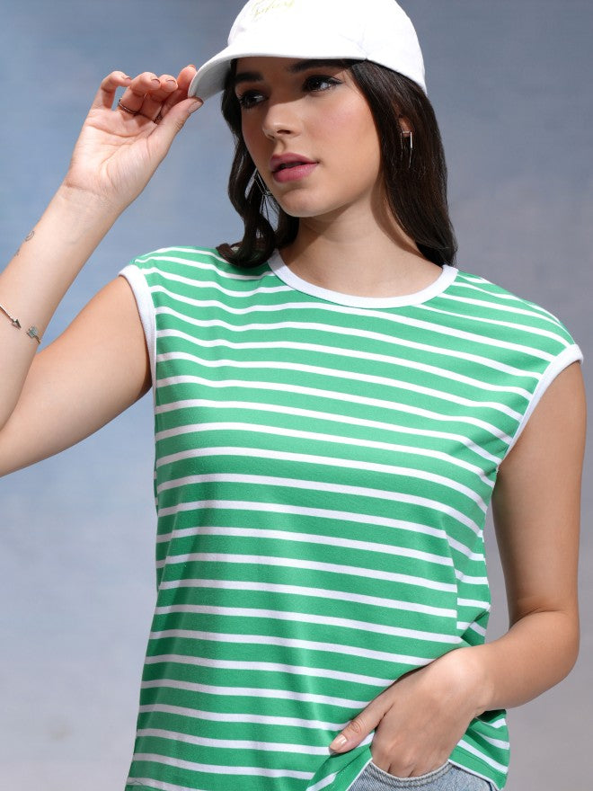 Tokyo Talkies Women Green Striped Round Neck T-Shirt - Green - Image 1