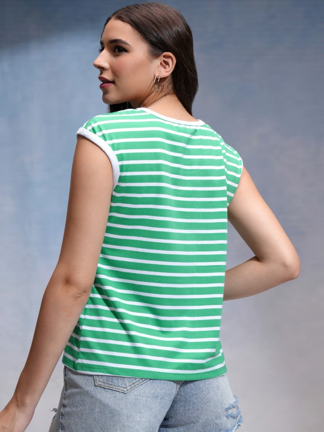 Tokyo Talkies Women Green Striped Round Neck T-Shirt - Green - Image 3